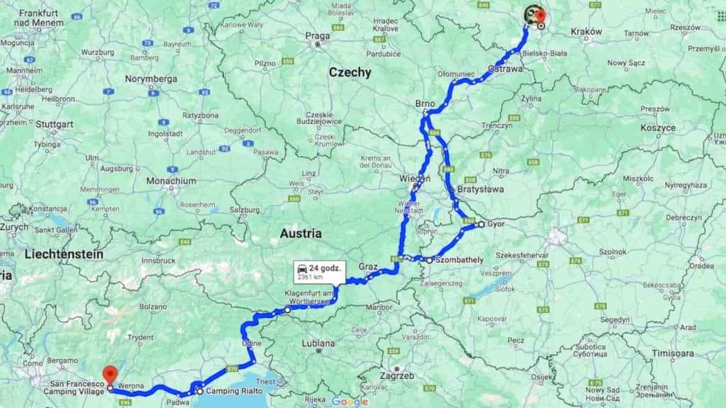 Polska Włochy trasa samochodowa - mapa i szczegóły podróży